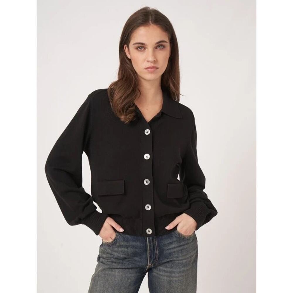 repeat cashmere navy cotton knit polo cardigan • european minimal • size 38